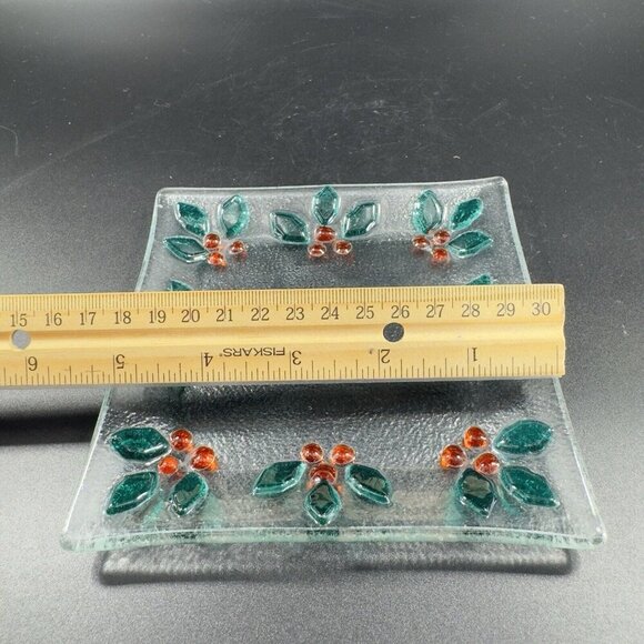 Square Fused Art Glass Dish Plate With Holly Berries Flowers Clear Holiday VTG - Picture 3 of 10